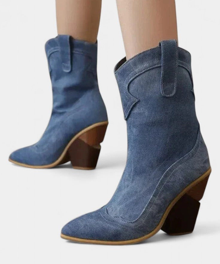 Soft Leather Western Ankle Boot with Pointed Toe and Chunky Heel