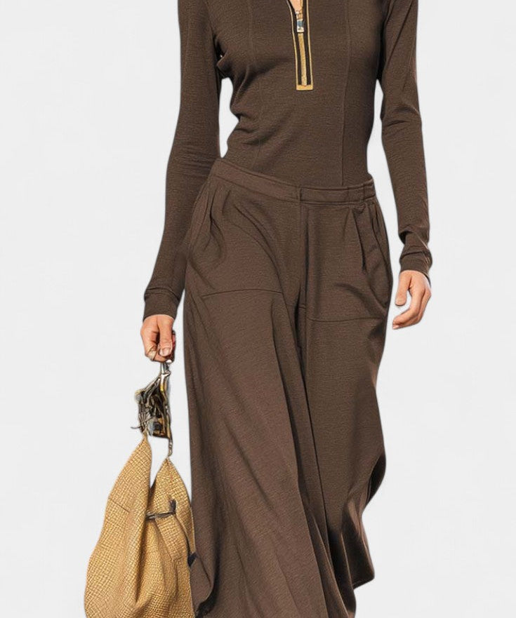 Azélina Dark Gray Set Featuring High Collar and Wide-Leg Trousers