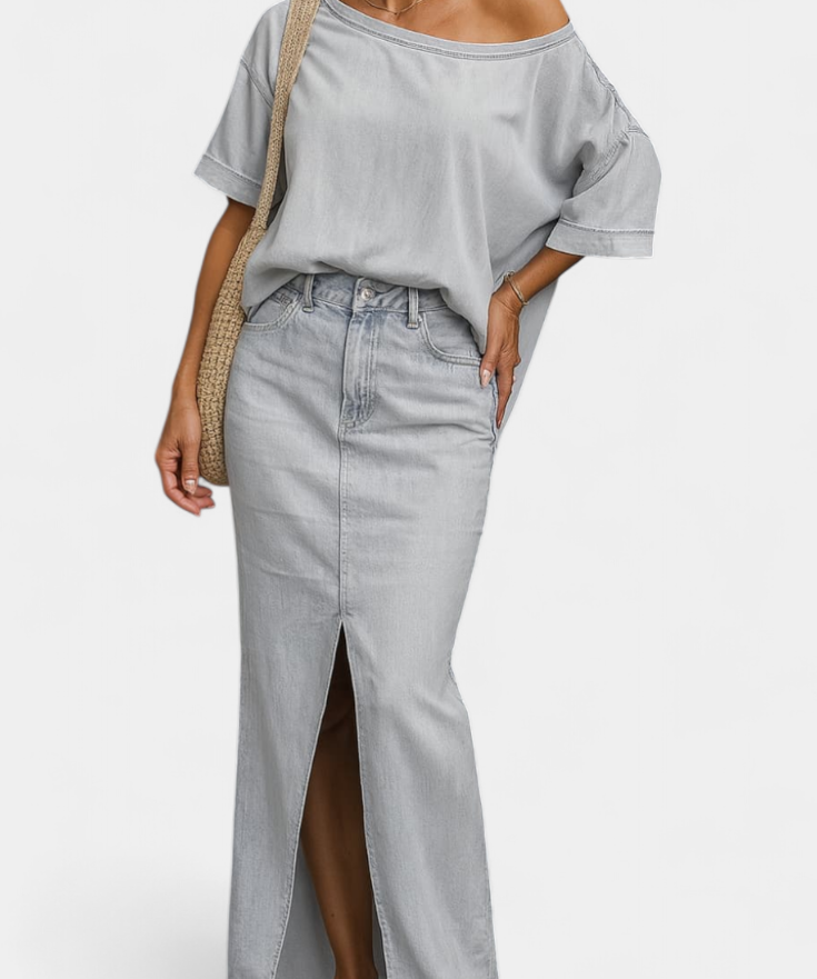 Apolonia Asymmetrical Denim Set with Long Skirt