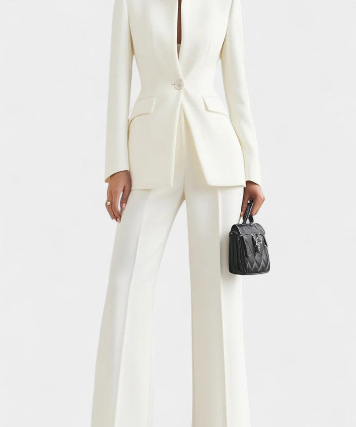 Elisabetta High-Collar Two-Piece Set with Wide-Leg Trousers