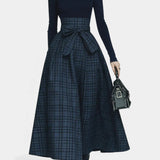 Angelika Night Blue High Neck Set with Checkered Skirt
