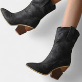 Soft Leather Western Ankle Boot with Pointed Toe and Chunky Heel