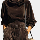 Riana Vintage Brown Velvet Hooded Ensemble with Relaxed Pants