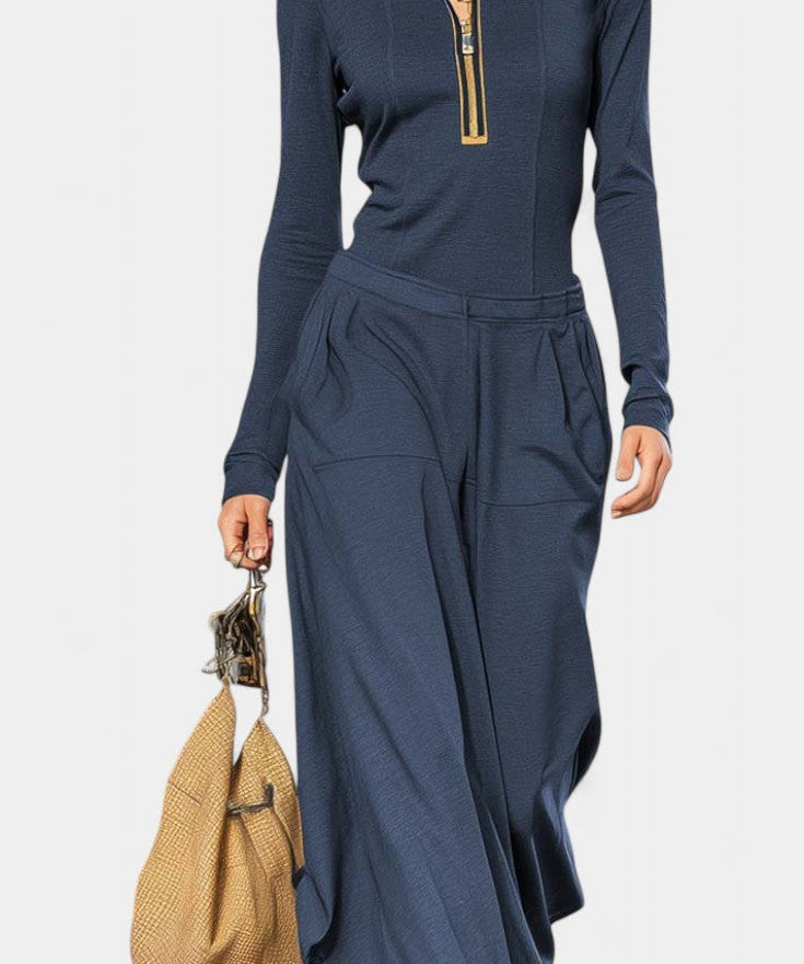 Azélina Dark Gray Set Featuring High Collar and Wide-Leg Trousers