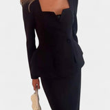 Ediline Blazer Set with Square Collar and Flowing Long Skirt