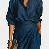 Ziya Dark Blue Outfit Featuring a Light Shirt and Elegant Flowing Maxi Skirt