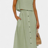 Naha Casual Cotton Ensemble with Center Button Detail and Midi Skirt