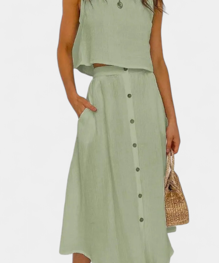 Naha Casual Cotton Ensemble with Center Button Detail and Midi Skirt