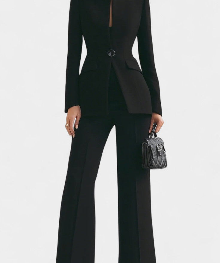 Elisabetta High-Collar Two-Piece Set with Wide-Leg Trousers