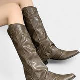 Faulen Pointed Toe High Heeled Boots with Vintage Metallic Accents
