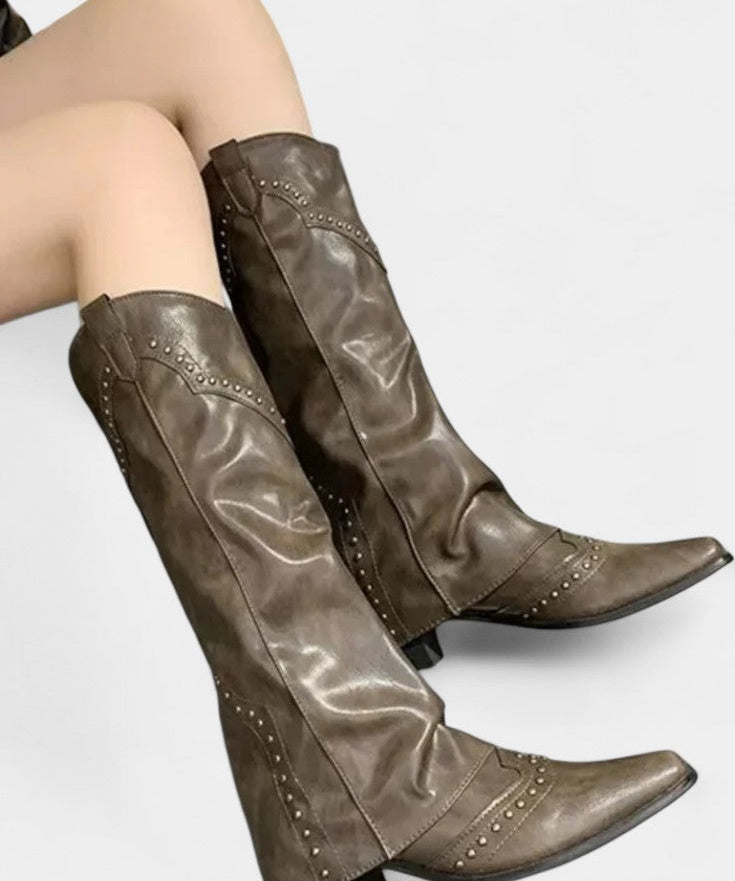 Faulen Pointed Toe High Heeled Boots with Vintage Metallic Accents