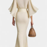 Valentine's Day Two-Piece Ensemble: High-Collar Pleated Top & Long Slit Skirt