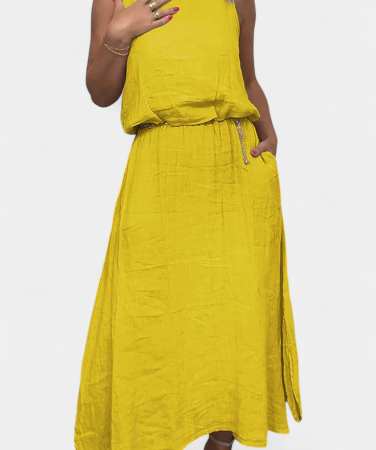 Meliora Linen-Cotton Set with Sleeveless Vest and Maxi Skirt