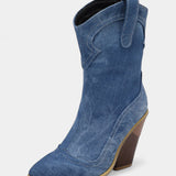 Soft Leather Western Ankle Boot with Pointed Toe and Chunky Heel