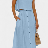 Naha Casual Cotton Ensemble with Center Button Detail and Midi Skirt