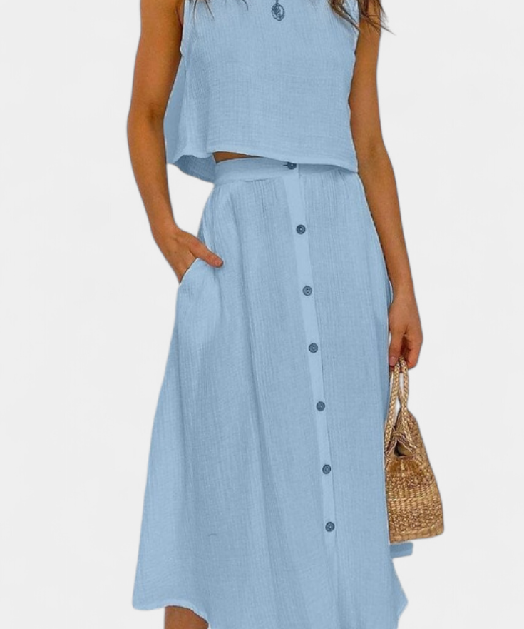 Naha Casual Cotton Ensemble with Center Button Detail and Midi Skirt