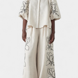 Helen Puff Sleeve Blouse & Wide-Leg Floral Linen Pants Set