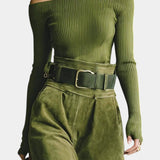 Atala Olive Off-the-Shoulder Top with Midi Suede Skirt Ensemble