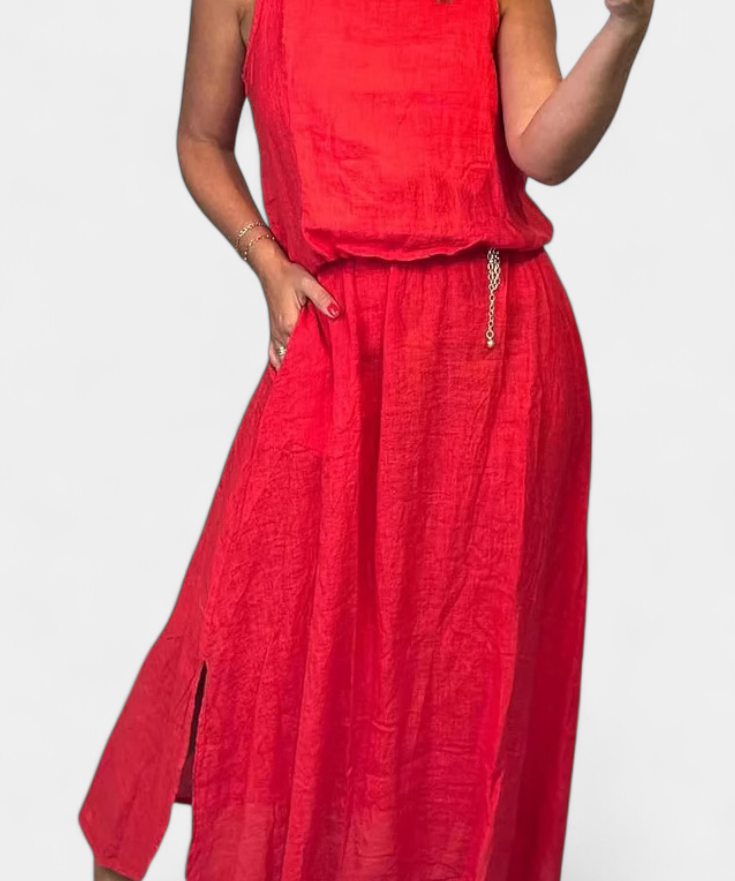 Meliora Linen-Cotton Set with Sleeveless Vest and Maxi Skirt