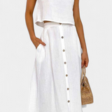 Naha Casual Cotton Ensemble with Center Button Detail and Midi Skirt