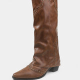 Faulen Pointed Toe High Heeled Boots with Vintage Metallic Accents