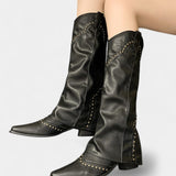 Faulen Pointed Toe High Heeled Boots with Vintage Metallic Accents
