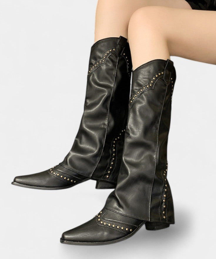 Faulen Pointed Toe High Heeled Boots with Vintage Metallic Accents