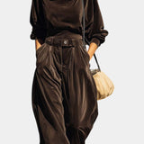 Riana Vintage Brown Velvet Hooded Ensemble with Relaxed Pants