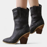 Soft Leather Western Ankle Boot with Pointed Toe and Chunky Heel