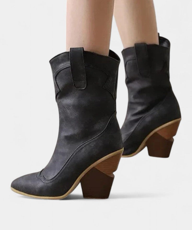 Soft Leather Western Ankle Boot with Pointed Toe and Chunky Heel
