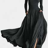 Selara Black High Neck Set with Flowing Pleated Skirt
