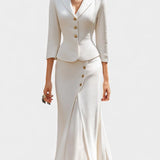 Natalina Chic Ecru Tailored Suit with Flowing Long Wrap Skirt