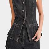 Raya Denim Ensemble: Sleeveless Jacket & High-Waisted Shorts
