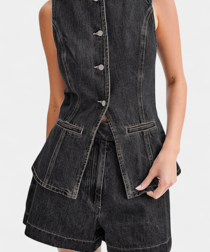 Raya Denim Ensemble: Sleeveless Jacket & High-Waisted Shorts