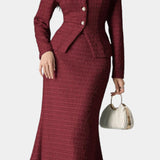Véronique Two-Piece Tweed Ensemble – Round Neck Blouse with Midi Mermaid Skirt