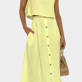 Naha Casual Cotton Ensemble with Center Button Detail and Midi Skirt