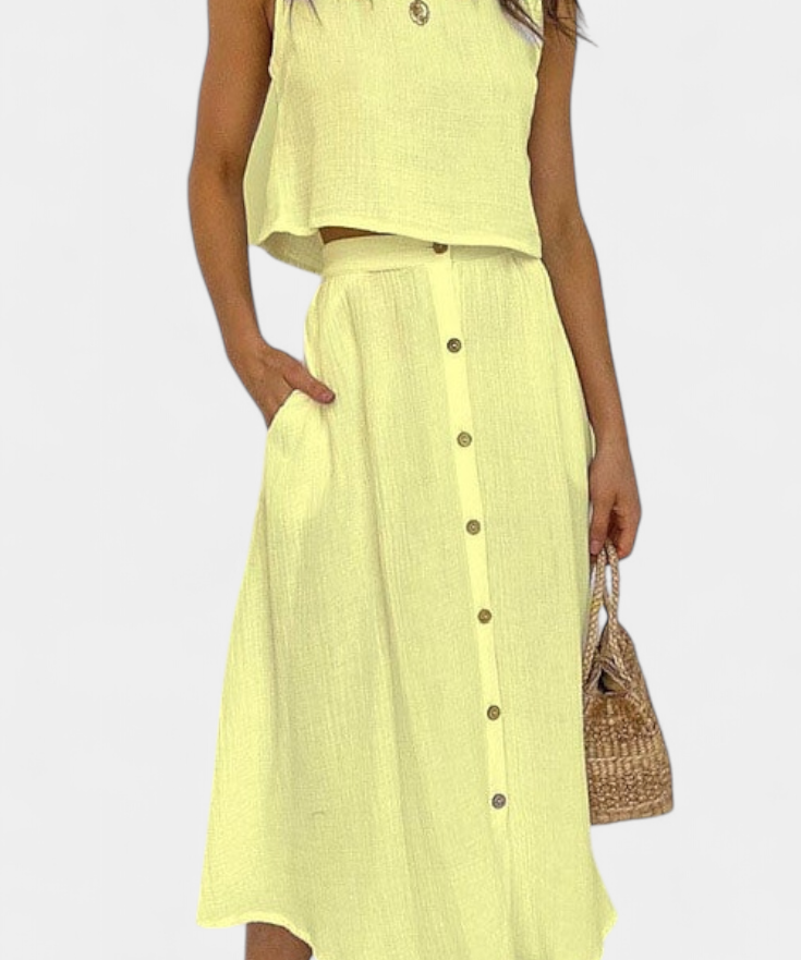 Naha Casual Cotton Ensemble with Center Button Detail and Midi Skirt