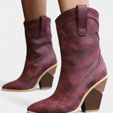 Soft Leather Western Ankle Boot with Pointed Toe and Chunky Heel