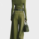 Atala Olive Off-the-Shoulder Top with Midi Suede Skirt Ensemble