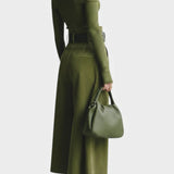 Atala Olive Off-the-Shoulder Top with Midi Suede Skirt Ensemble