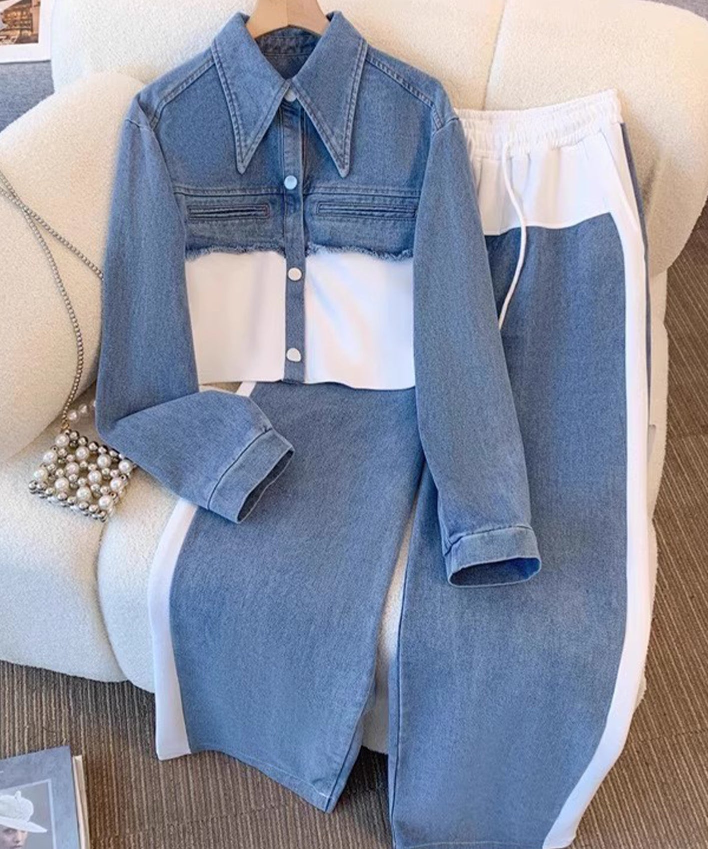 Natalie | Color-Block Cropped Jacket & Wide-Leg Pants Set