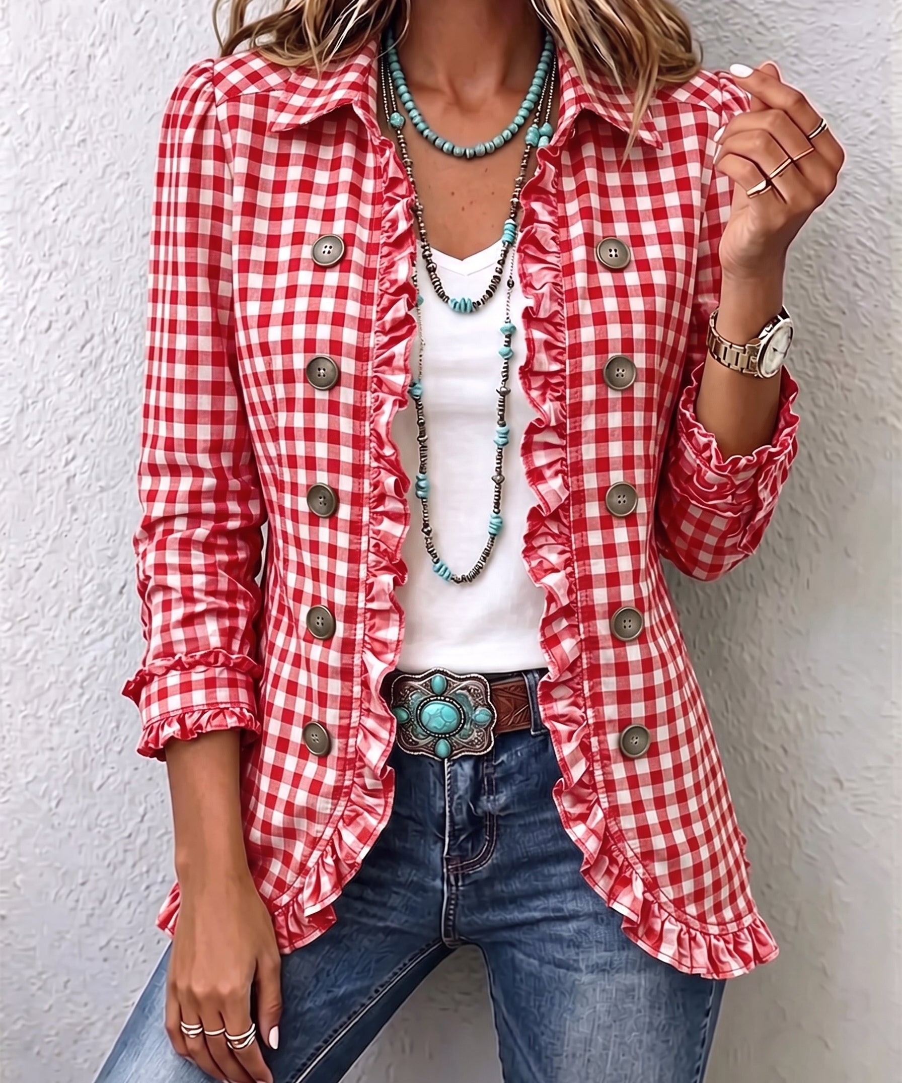 Charlene | Gingham Ruffled Button-Down Jacket