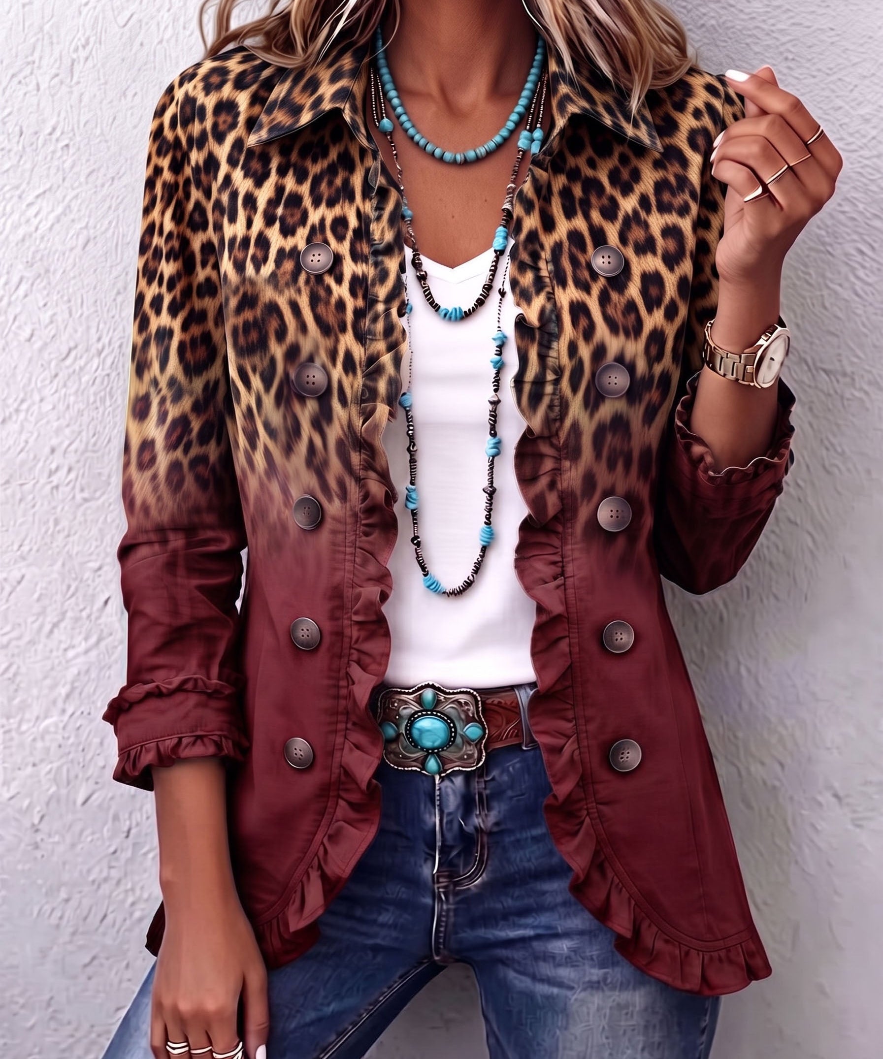 Emma | Leopard Ombre Ruffle Blazer Jacket