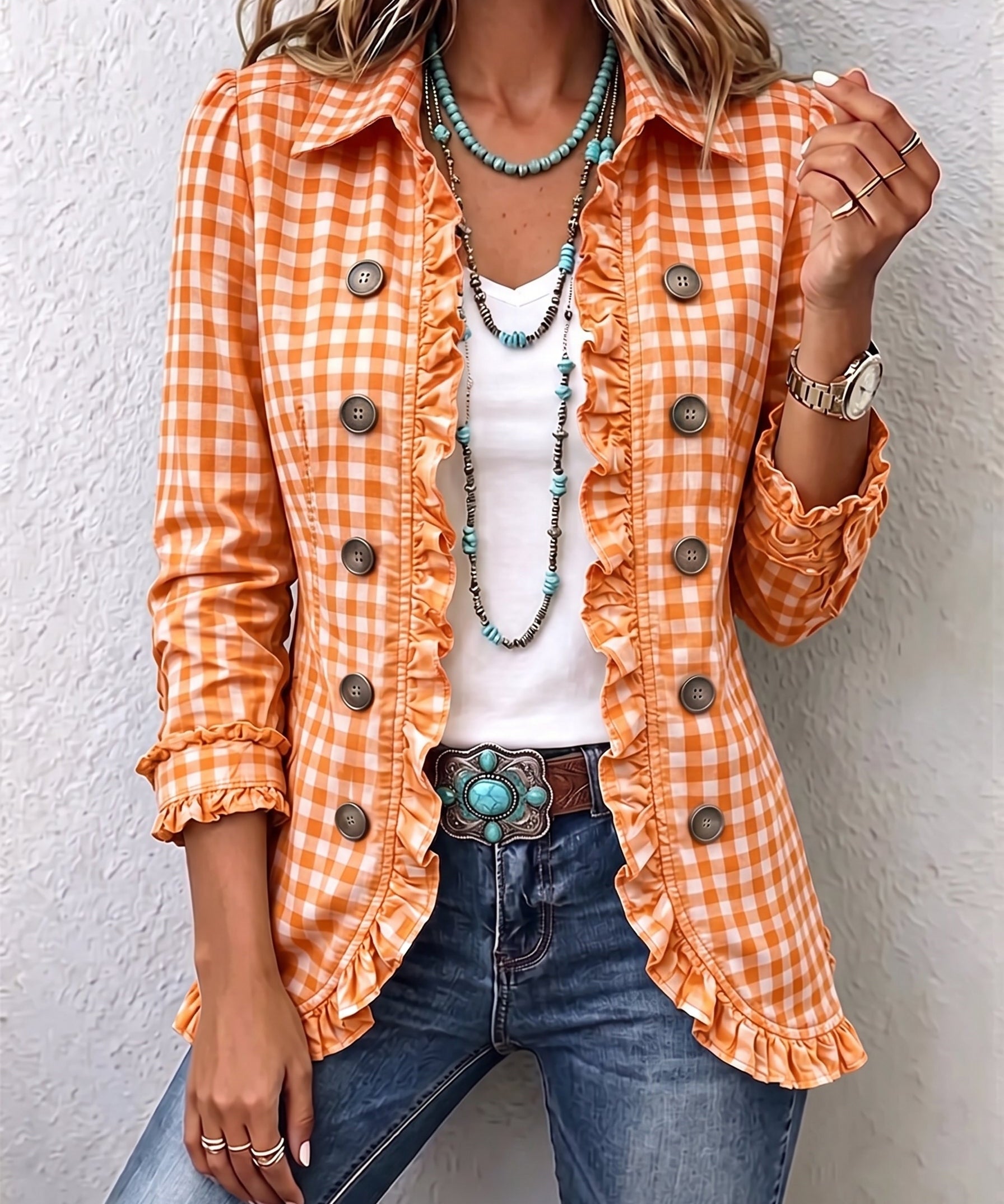 Charlene | Gingham Ruffled Button-Down Jacket