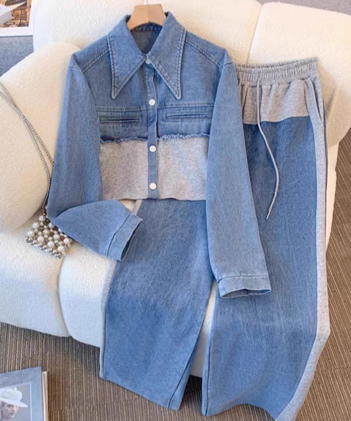 Natalie | Color-Block Cropped Jacket & Wide-Leg Pants Set