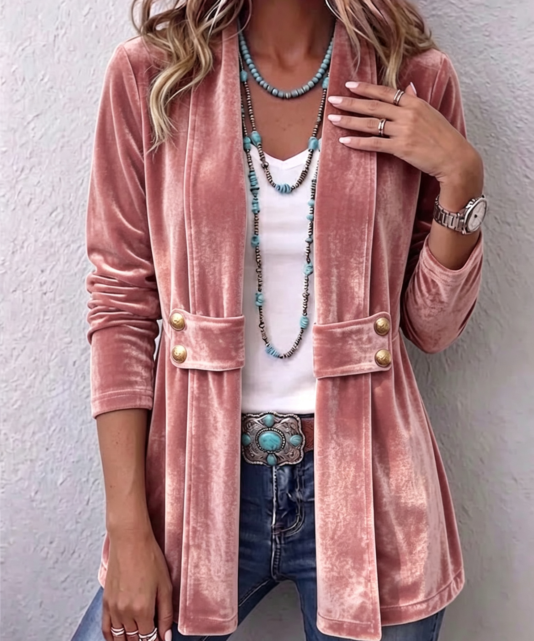Avery | Vintage Lapel Button-Accent Long Sleeve Open Front Jacket