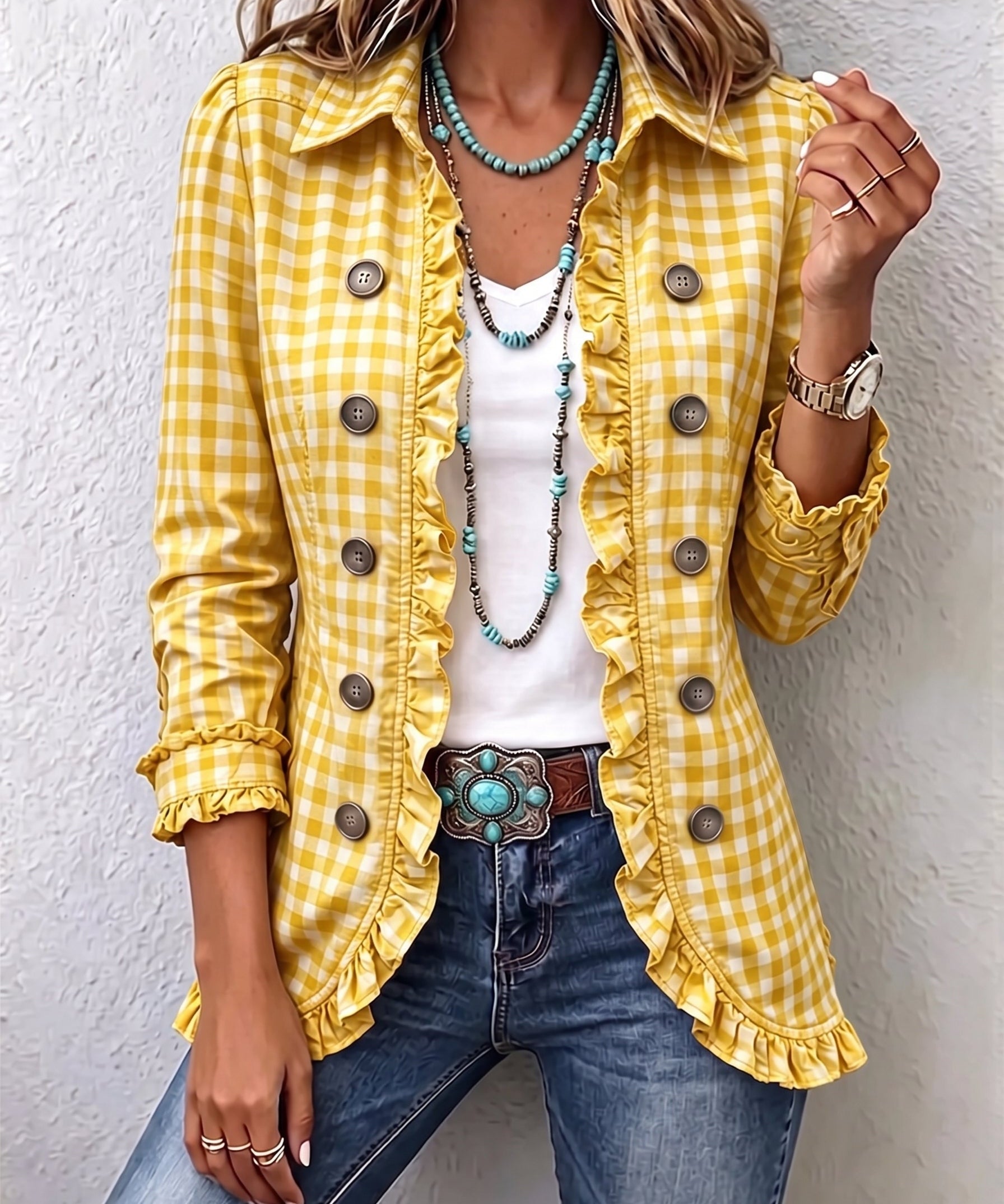 Charlene | Gingham Ruffled Button-Down Jacket