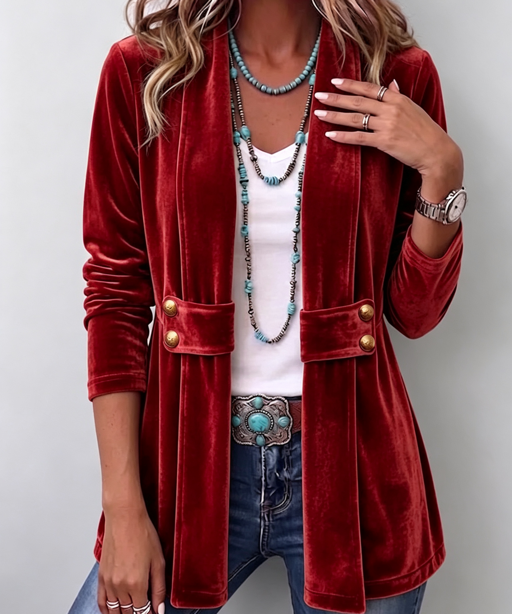 Avery | Vintage Lapel Button-Accent Long Sleeve Open Front Jacket