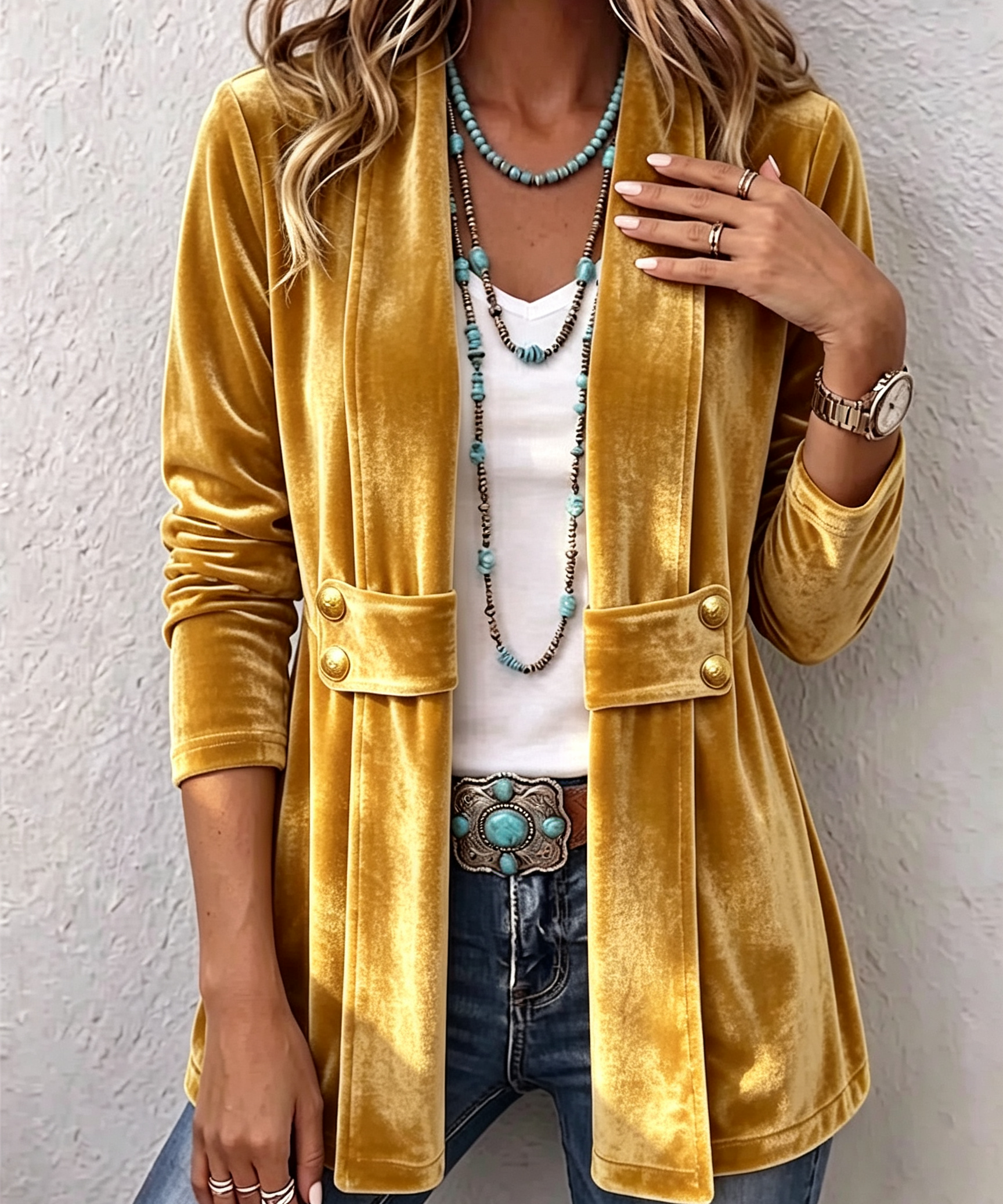 Avery | Vintage Lapel Button-Accent Long Sleeve Open Front Jacket