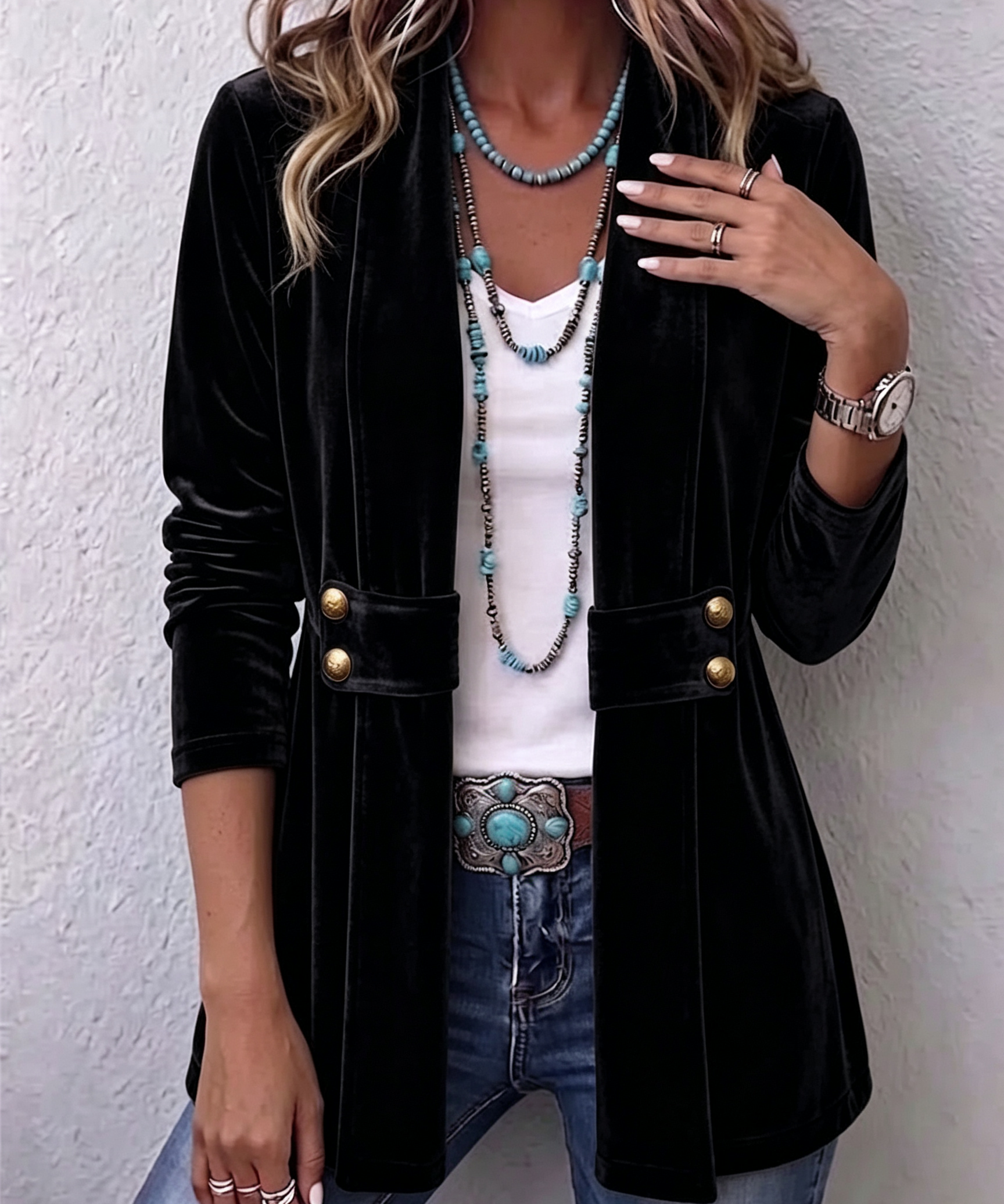 Avery | Vintage Lapel Button-Accent Long Sleeve Open Front Jacket